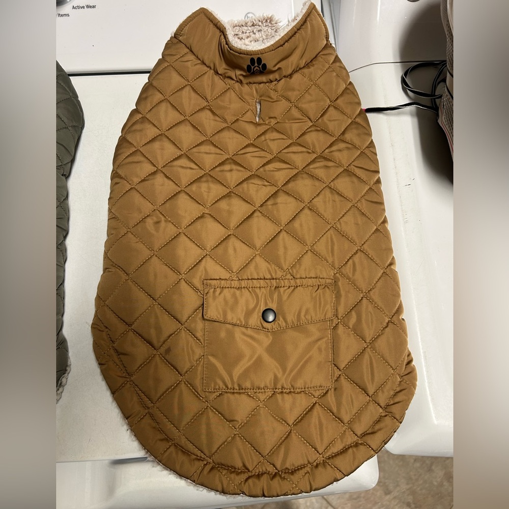 Tan Dog Puffer Jacket with Quilted Design and Rounded Collar